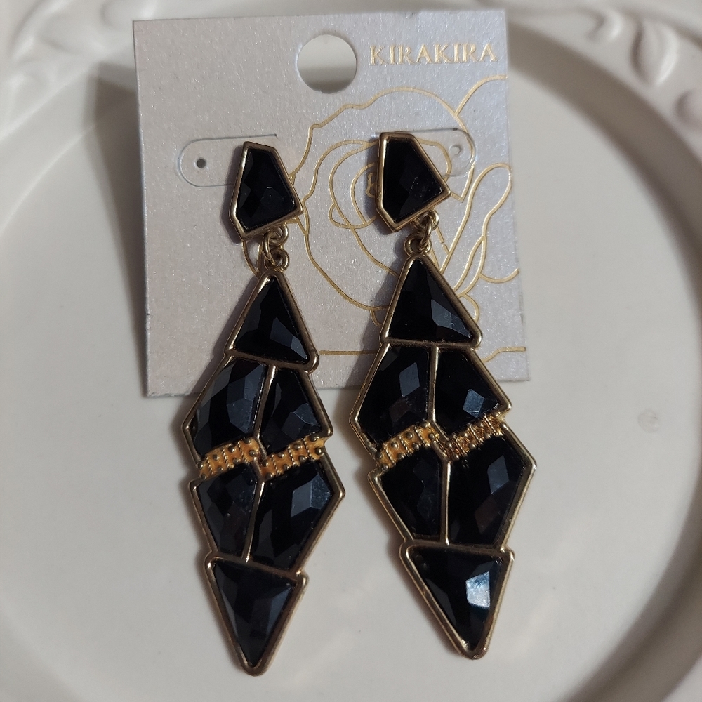 Kirakira Textured Gold Tone/Faceted Black Acrylic Bead Earrings